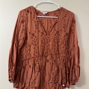 American Eagle Outfitters Rust Embroidered Blouse